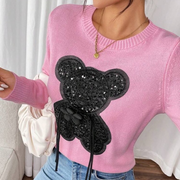 Sequin Patchwork Cartoon Small Print Crew Neck Long Sleeve...
